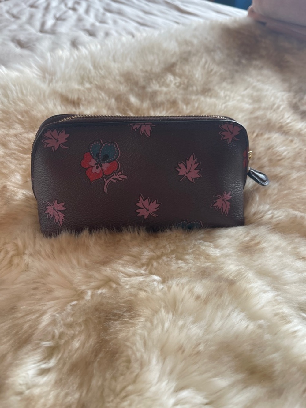 Coach Dark Brown Floral Zip Cosmetic Pouch with Pink Accents - Picture 2 of 7
